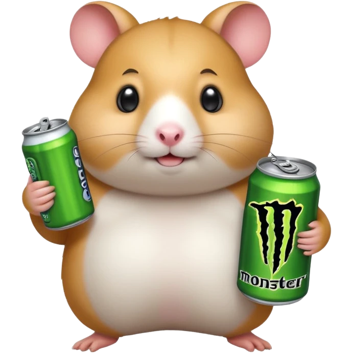 Funny cartoon-style fat hamster with big wide eyes  holding a can of monster energy in one hand and redbull in the other hand emoji
