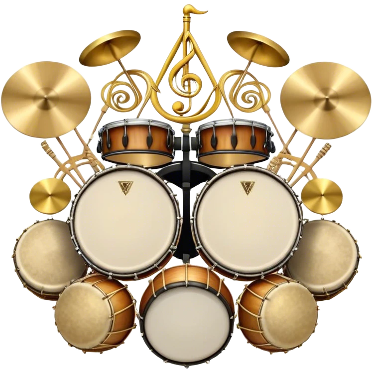 Create a heraldic, festive, and professional emblem-like emoji representing percussion instruments. The design should resemble a traditional crest, featuring a variety of percussion instruments such as cymbals, triangle, tambourine, maracas, timpani, bongo drums, and other traditional folk percussion instruments. Arrange them symmetrically, with cymbals crossing each other, the triangle at the center, and timpani or bongo drums flanking the sides. Include tambourines and maracas prominently, adding rhythm and texture. A flowing ribbon of musical notes should elegantly weave through the instruments, enhancing the sense of movement and celebration. Add intricate decorative patterns on the instruments, along with ornamental swirls, laurels, or flourishes to elevate the festive and heraldic feel. The overall composition should be balanced, harmonious, and visually striking, with an elegant and professional look. The background should be transparent. emoji