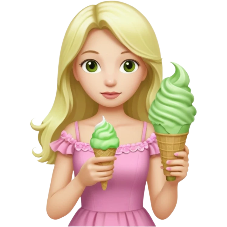 girl blonde long hair in pink dress,  holding matcha ice cream emoji