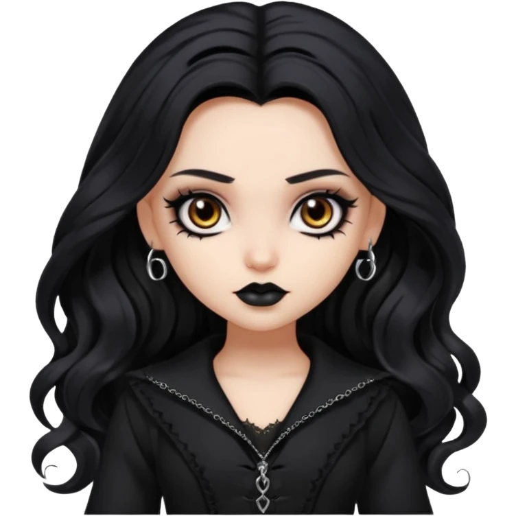 goth bratz baddie, beautiful brown eyes, long wavy black hair, black gothic hair styled, black goth clothes emoji