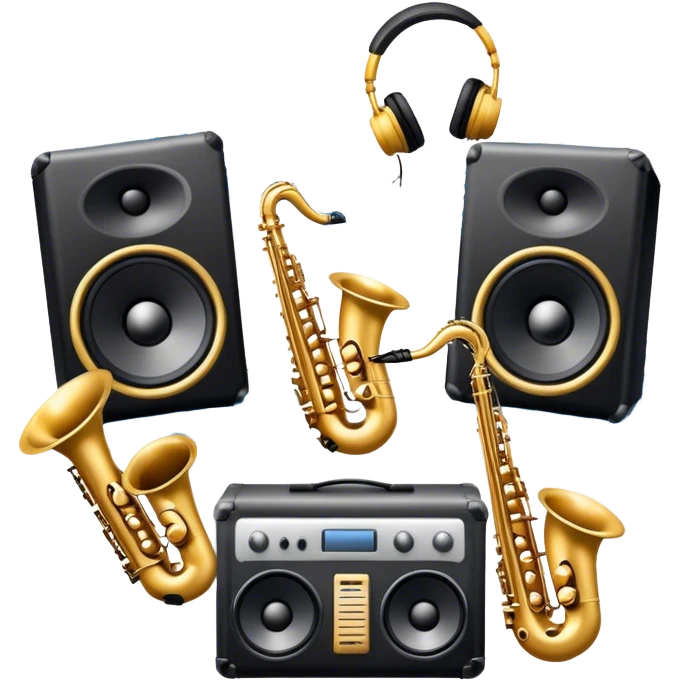 Icon for R&B Music Listening: large concert speakers and headphones with waves of musical notes coming out, along with drums and bass guitar and saxophone. The icon should convey the energetic and rhythmic vibe of R&B music. Transparent background emoji