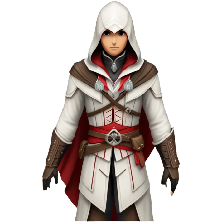 icon featuring Assasin's Creed in an iconic assassin's hood, standing tall against the backdrop of Florence. The design captures the essence of adventure, with intricate details of historical architecture and a sense of mystery. The character is poised, ready for action. transparent background. emoji