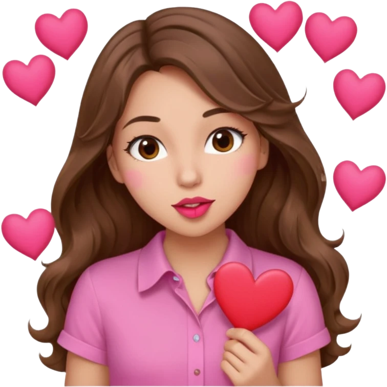 girl with long wavy brown hair, brown eyes, light to medium complexion, in a pink shirt, pink lips, long lashes, puckering up for a kiss, many  hearts in hand emoji