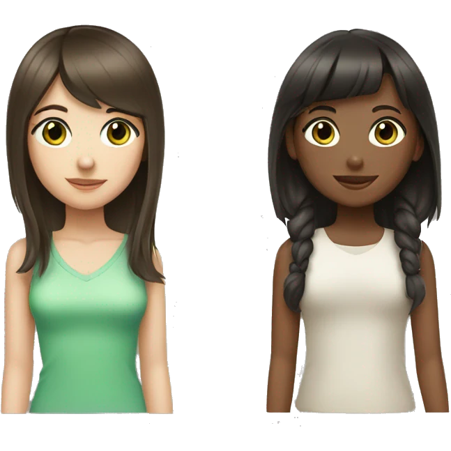 two girls with dark brown hair one with bangs green eyes emoji