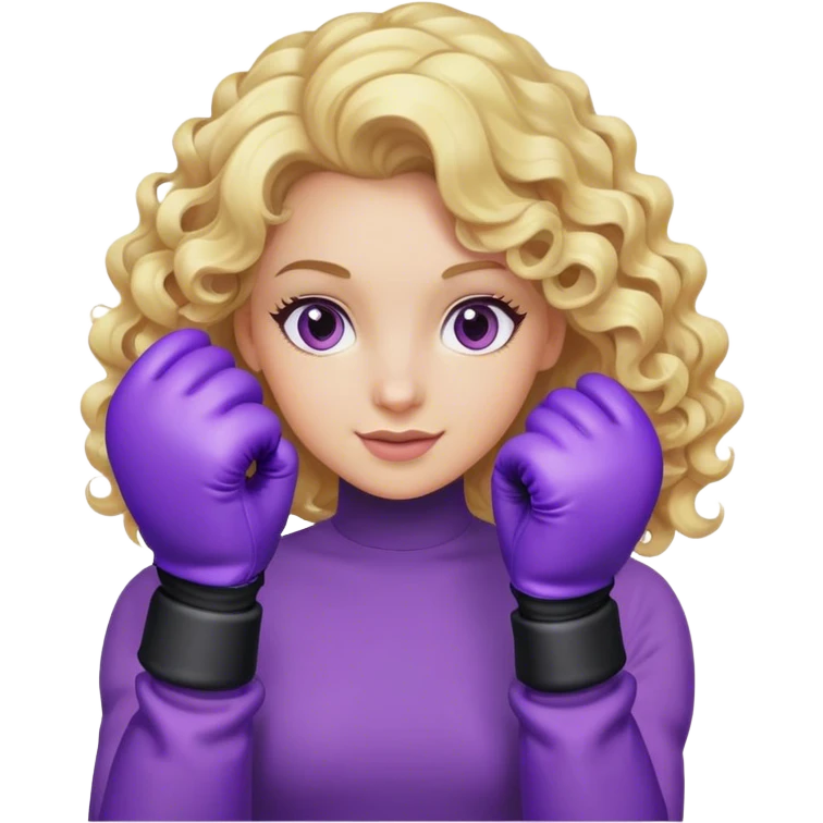 Blonde curly long hair with purple box gloves emoji