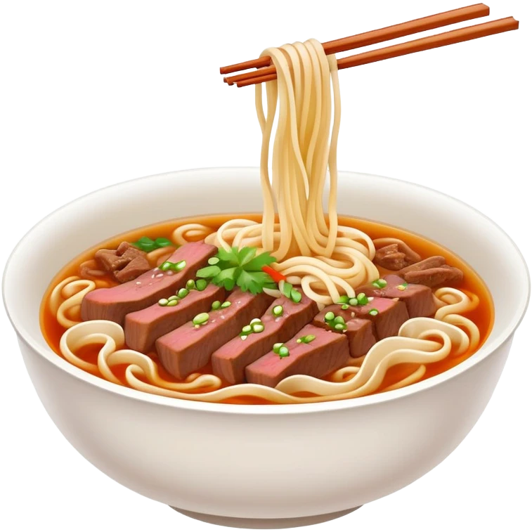 Lanzhou hand-pulled noodles with beef and broth, simplified emoji style with bold outlines and bright colors, cartoon style lamian in bowl emoji