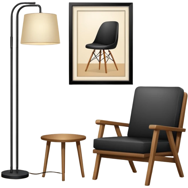 Minimalistic flat vector icon, iOS style, thin black contour on white background. Floor lamp and chair next to a framed picture on wall. Clean, no text, no shadows emoji