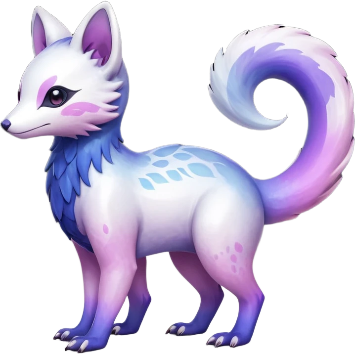  Hyper-realistic Shiny iridescent glossy oily smooth silky soft White with indigo-Violet-purple-pinkish-gradient markings beautiful handsome gorgeous aesthetic colorful vibrant Vernid-Trico-species-Fakemon-creature by LiLaiRa, 4 legs, 1 tail, random markings, (full body) emoji