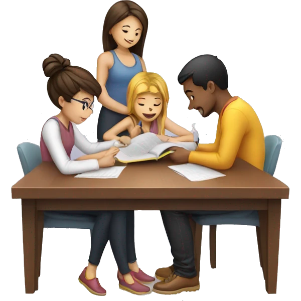 5 people sitting in table and studying ( 4 girls 1 boy )  emoji