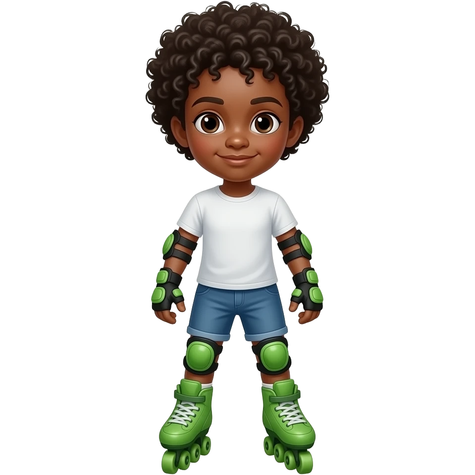 Child black boy curly hair, standing upright, wearing green elbow pads and knee pads, with green  roller skates, ready-to-play expression, front-facing pose. emoji