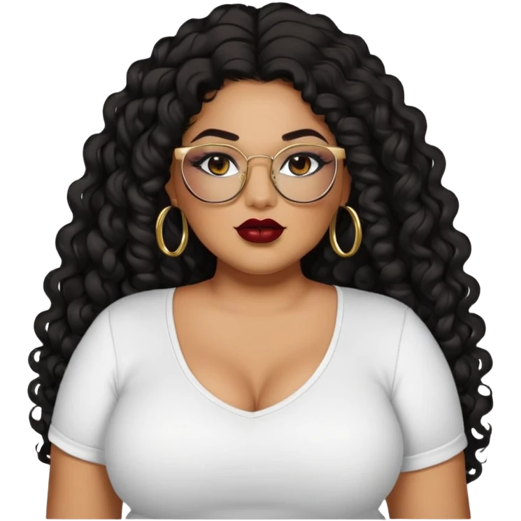 big plus size, latina, darker tan skin, gold hoops, long black curly hair, baddie,pretty, makeup, dark red lipgloss, black eyeliner, long hair, black shirt, black glasses emoji