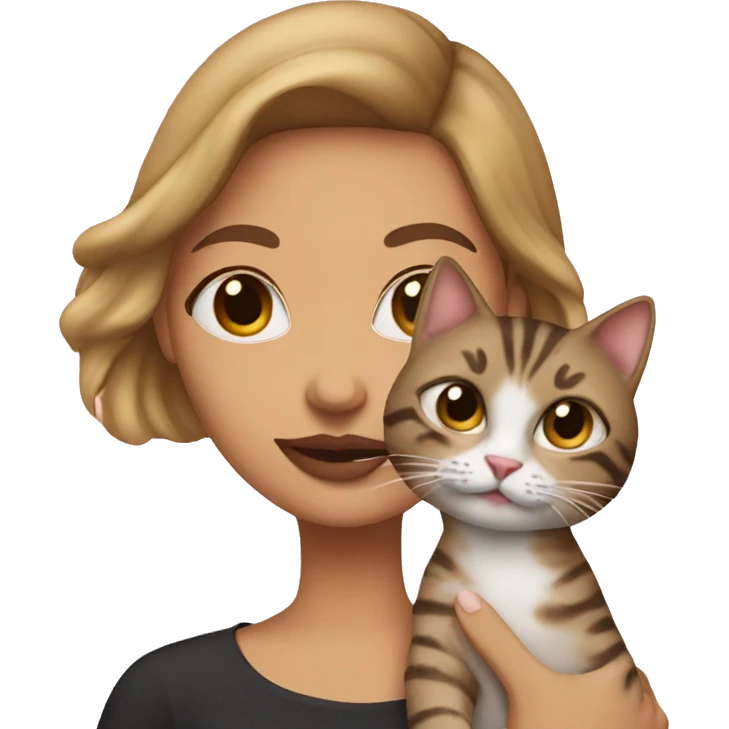 Woman with pink lips holding a tabby cat emoji