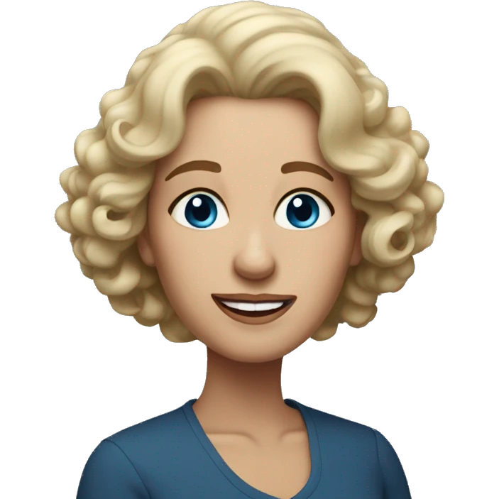 widow with blonde, medium length curly hair, blue eyes and 60 years old emoji