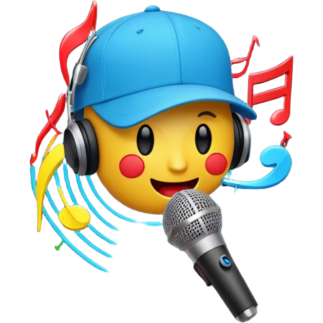 Create a dynamic and energetic emoji that represents beatboxing. The design should feature a microphone with a singing mouth and soundwaves or rhythmic beats emanating from it, symbolizing the vocal percussion and rhythm of beatboxing. Add a cap placed on top of the microphone to reflect street culture and the individuality of the performer. Include musical notes floating around to emphasize the musicality. Use bold, vibrant colors like neon blue, red, and yellow to convey energy and excitement. The background should be transparent emoji