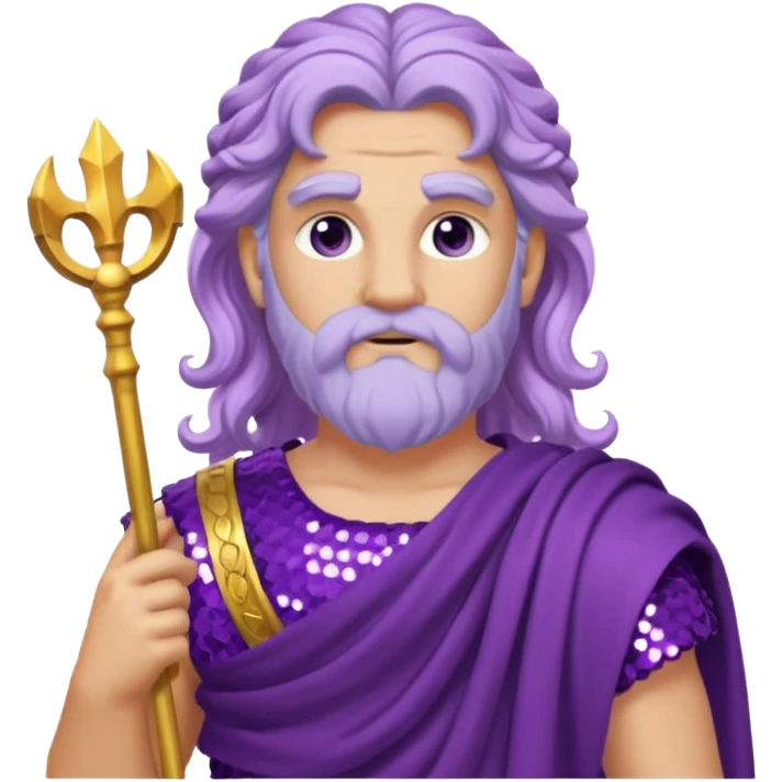 Zeus from Roman Deities with long lilac wavy hair, purple sequin toga emoji