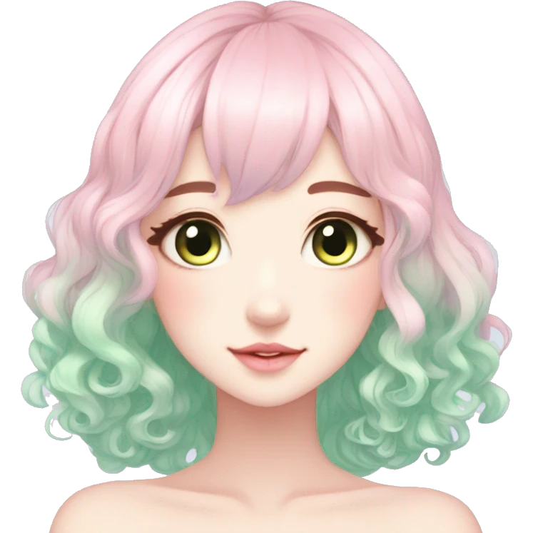 Gorgeous Beautiful Blushing Petite Pastel-Fairy-Anime-Green-Pastel-Girl with beautiful gradient pastel hair aesthetic emoji