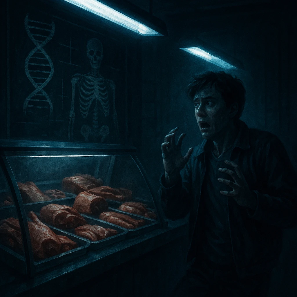cinematic horror scene: butcher counter with ambiguous pork cuts, a person stepping back scared, background with blackboard showing DNA and human anatomy, blue lights and deep shadows, surreal and symbolic atmosphere, 4K quality emoji