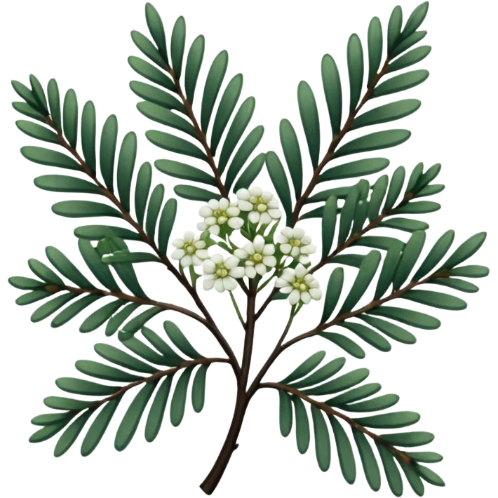 green pine leaves, small flowers, thin ebony branches, dull colored filigree design emoji