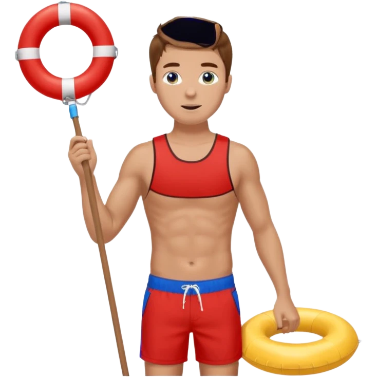 Male lifeguard – red shorts, whistle around neck, holding rescue float. emoji