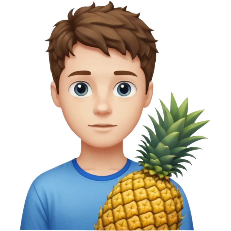 Pale teenage man with short wavy brown hair holding pineapple, prominent jawline, blue eyes emoji