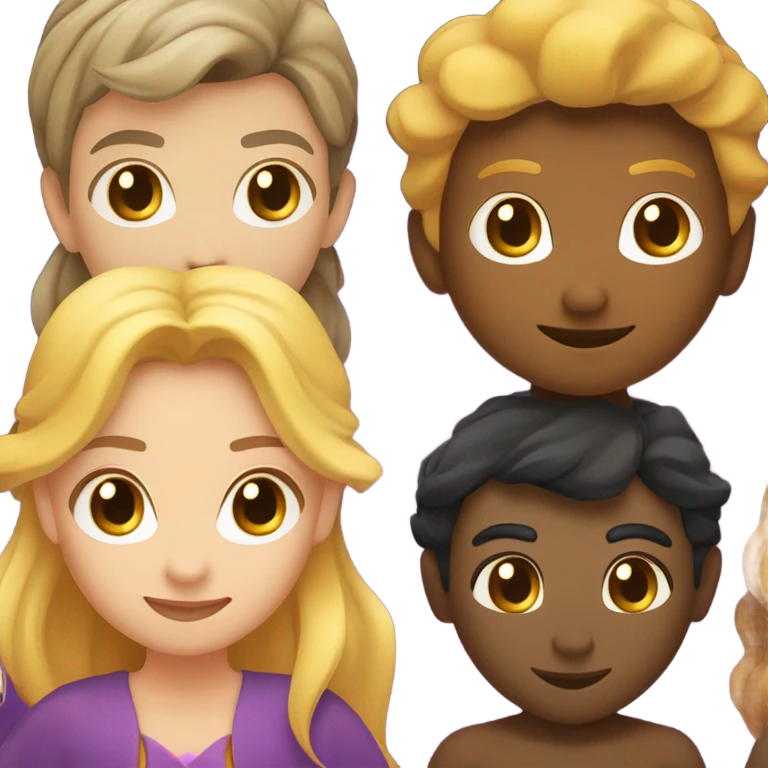A female witch with light brown hair, a blonde female wizard, an Indian male merman, a female fairy with dark brown hair, shorter than the others, and a female siren with curly brown hair. emoji