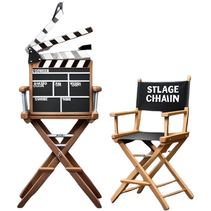 Icon for Directing: a director's chair, a film slate, a megaphone, and a stage set with lights. The icon should represent the creative and leadership aspects of directing, with focus on film and theater production. Transparent background. emoji