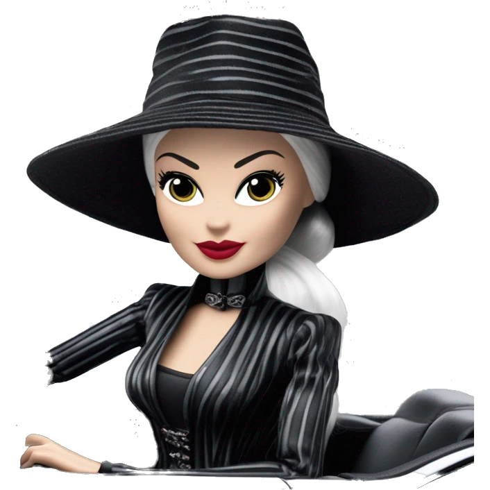 Darth Vader Barbie, 1910 Morticia Addams from academy, in dark-gray and black striped outfit with hat. Smiling Driving Mercedes convertible sports car. Pale-white porcelain skin.  emoji