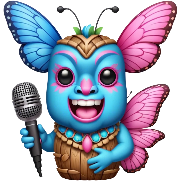 Pixar style little Cartoon Blue and pink tiki singing with butterfly and in the microphone, ultra detailed and lifelike imagery emoji