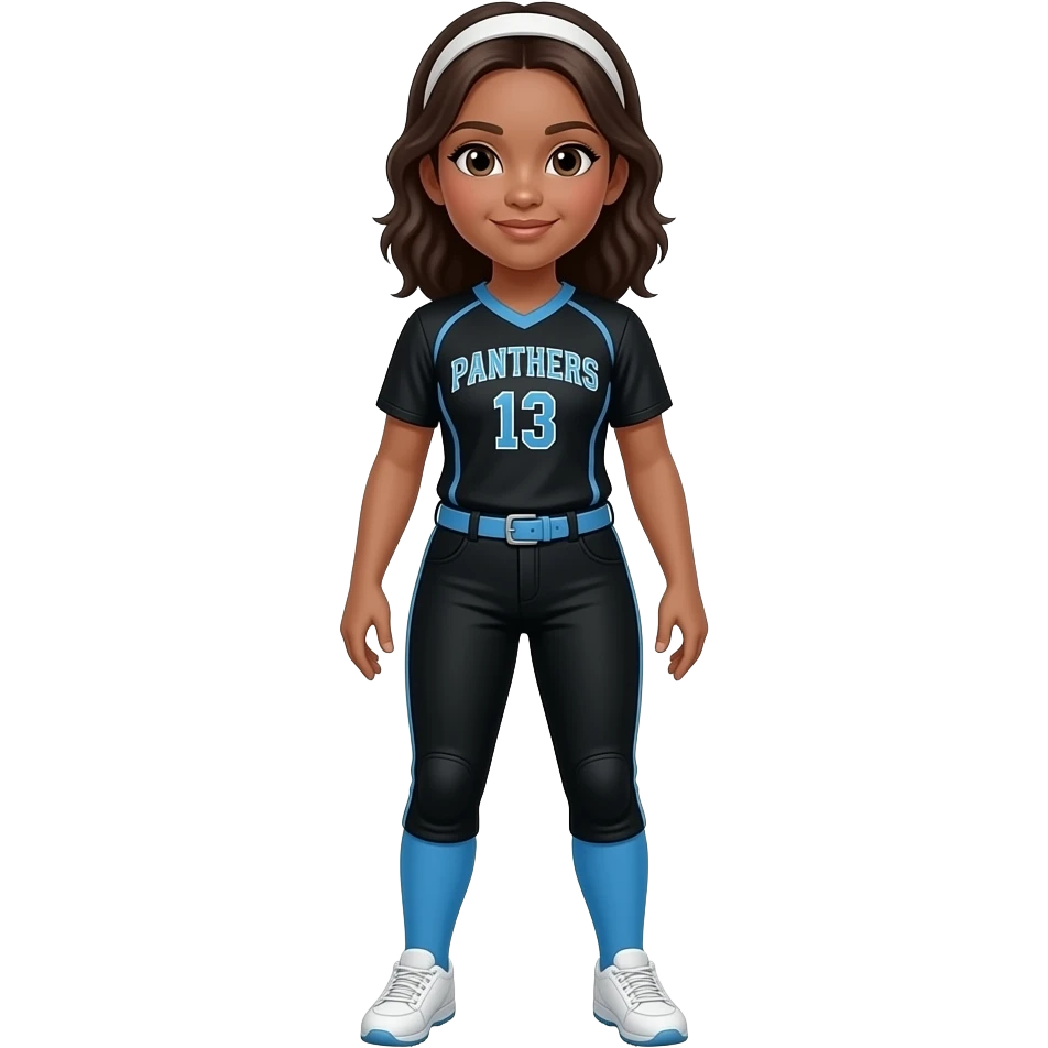 A softball player with white cleats, baby blue socks, black pants, baby blue belts, black jersey with number 13 and the word “panthers” emoji