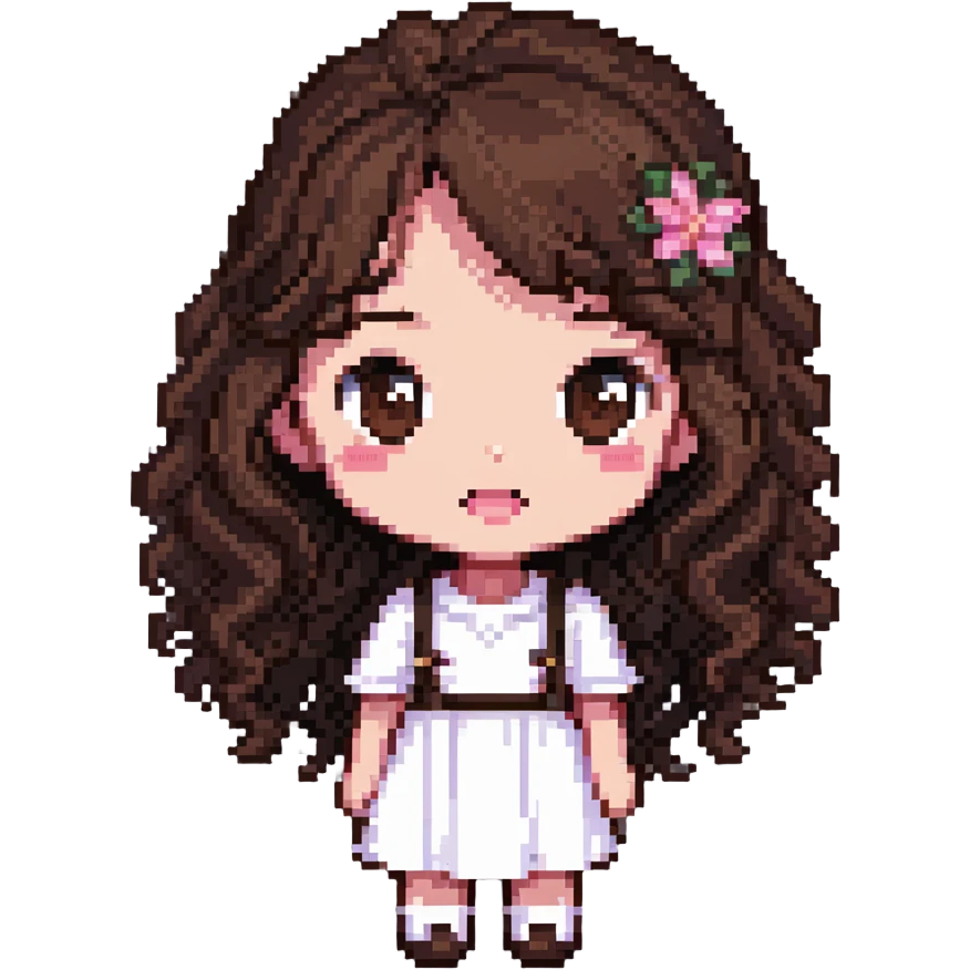 character with dark brown wavy hair, big brown eyes, small nose, big pink mouth, medium weight, medium height emoji