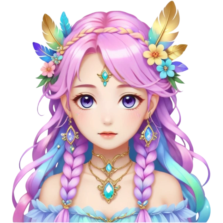 Beautiful gorgeous anime lady with beautiful iridescent-nebula-braided-hair, fashion aesthetic, ethereal, fairycore, pastelcore, feathers, flowers, gems, accessories, jewelries, gold, colorful emoji