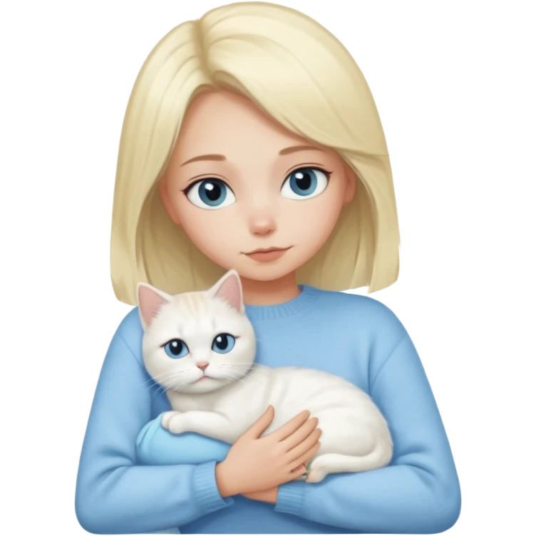 blonde girl with baby blue sweater snuggling white persian odd eye cat emoji