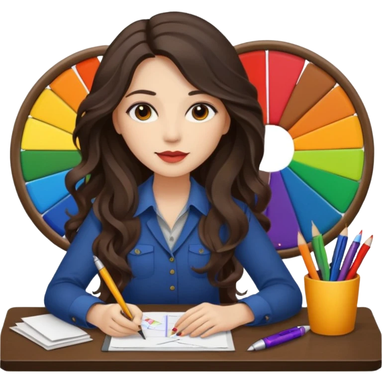 female dark wavy long hair graphic designer , color wheel, pens, papers, desktop emoji