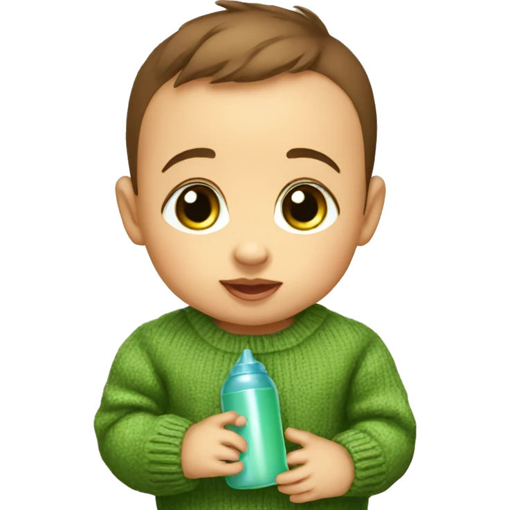 a 2 month old baby with a green sweater and brown eyes drinks his bottle emoji