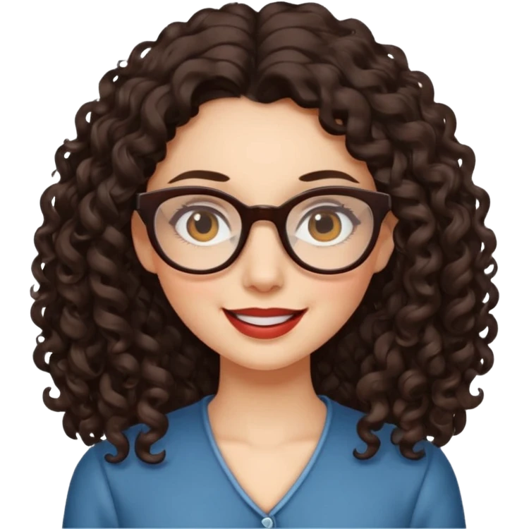lady with glasses, long dark brown curly hair, winking emoji