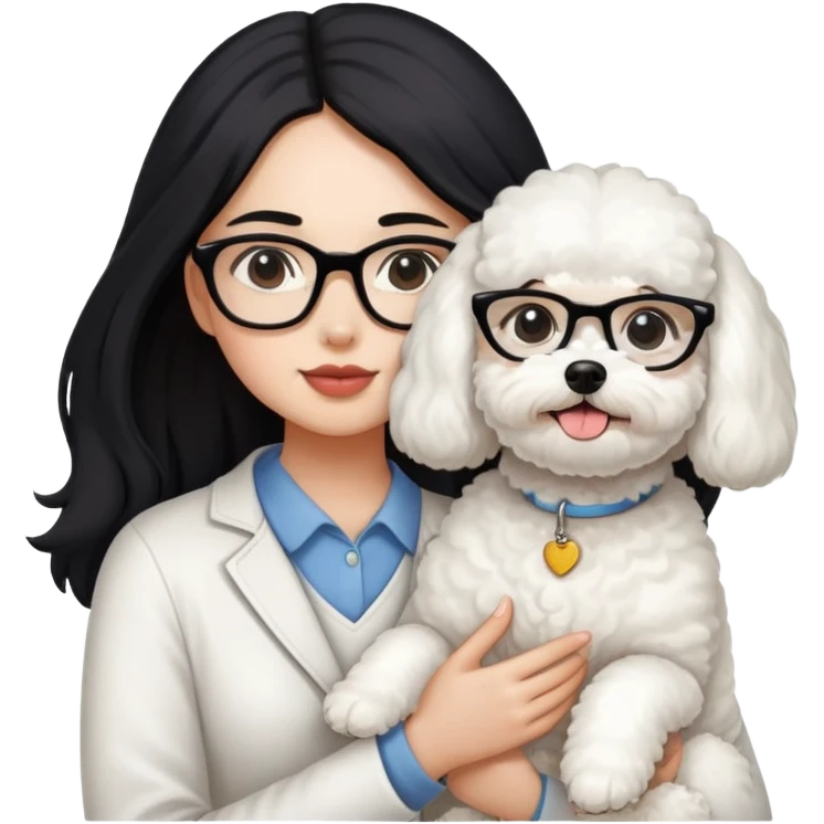 Girl with long black hair and glasses holding a white Bichon Frise dog emoji