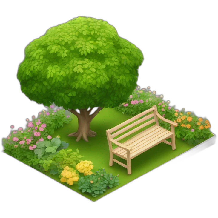 garden with lots of plants and a bench emoji