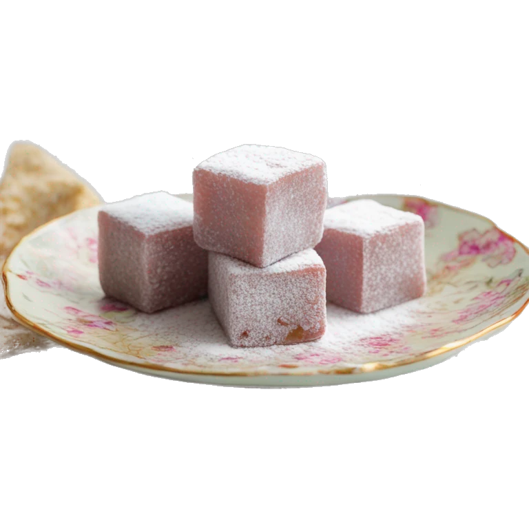 Turkish delight stacked cubes with chopped walnuts and covered with powdered sugar, on a floral porcelain plate emoji