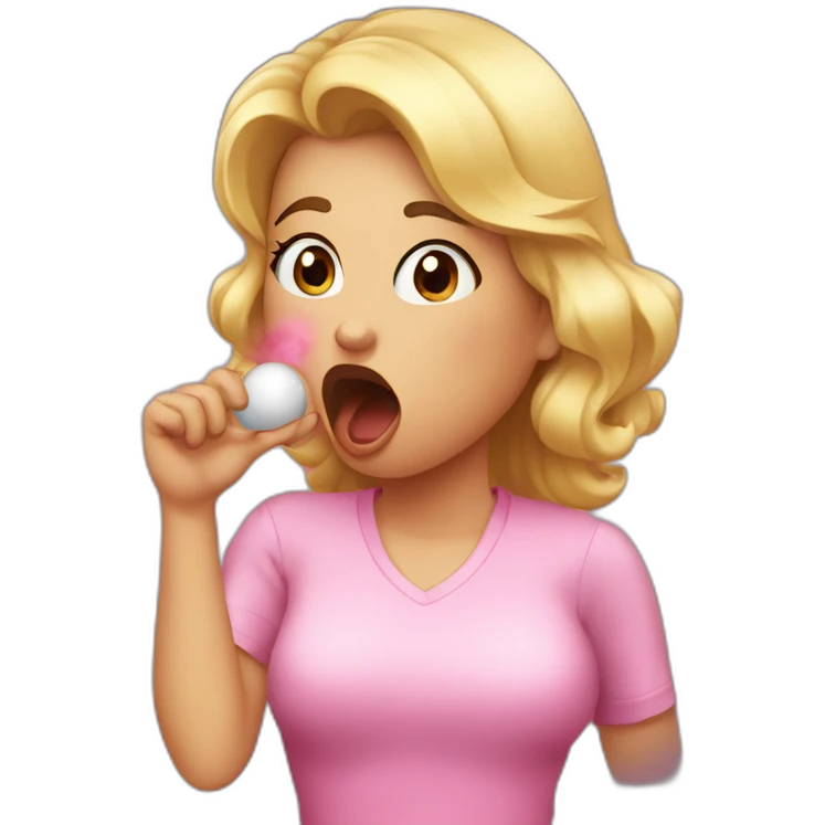 girl coughing, her hand is holding an invisible spherical object, and she has pink lipstick with big eyelashes emoji
