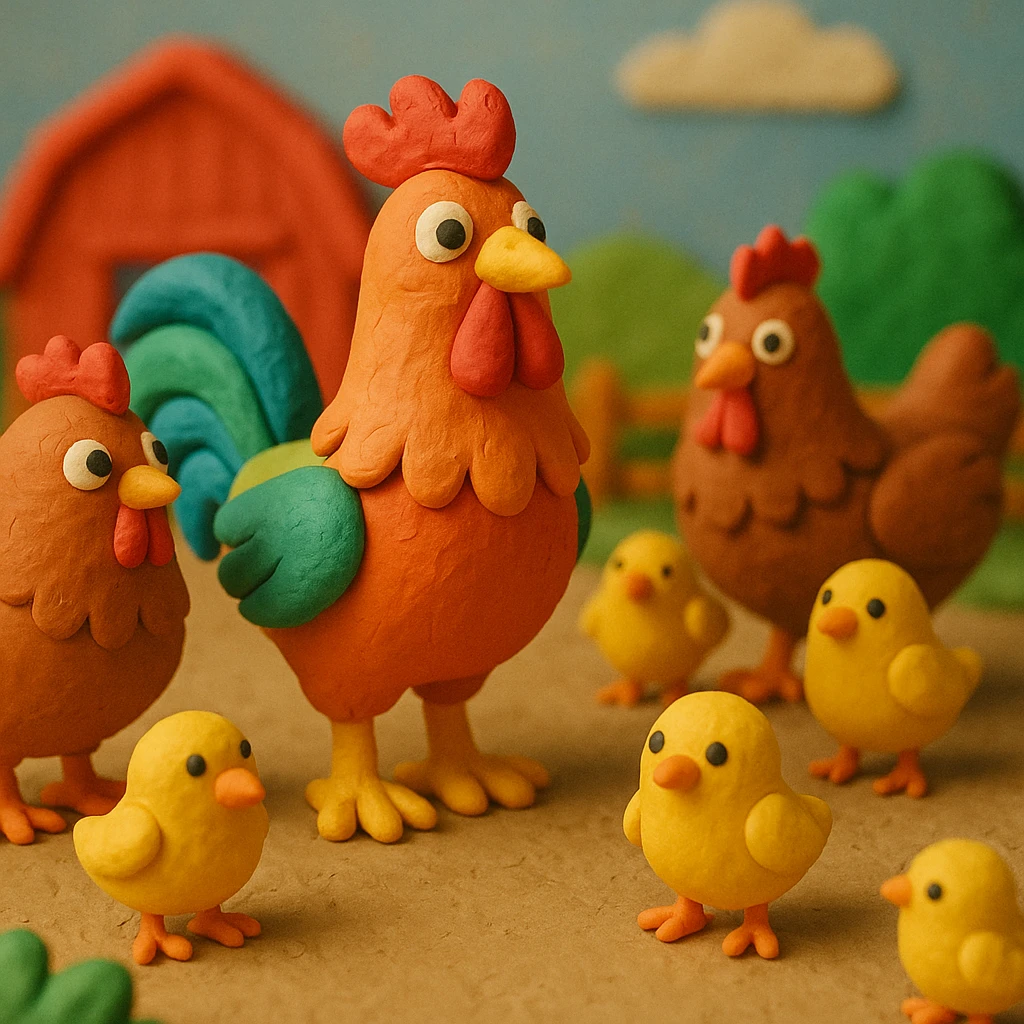 rooster with hens and chicks, cheerful farmyard scene, colorful and cute in claymation style emoji