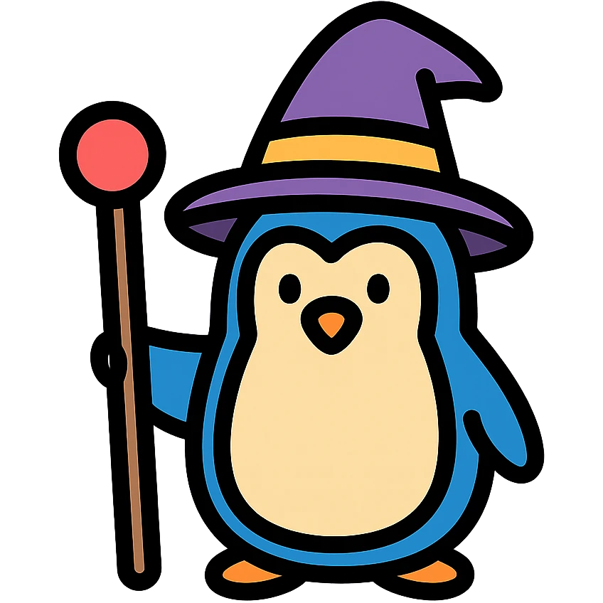 penguin wizard holding a staff, wearing a wizard hat, colored icon with black outlines emoji