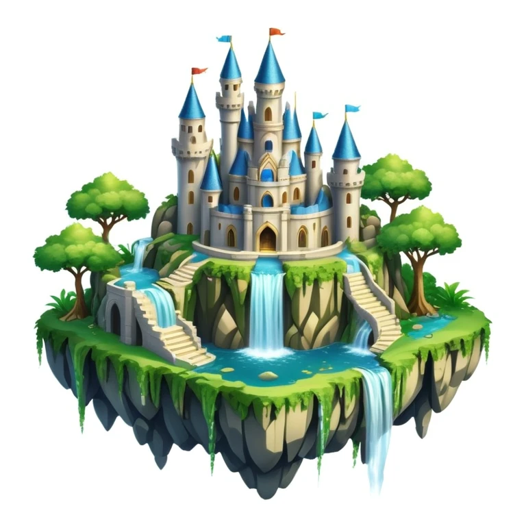 Fantasy castle on a floating island with waterfalls emoji