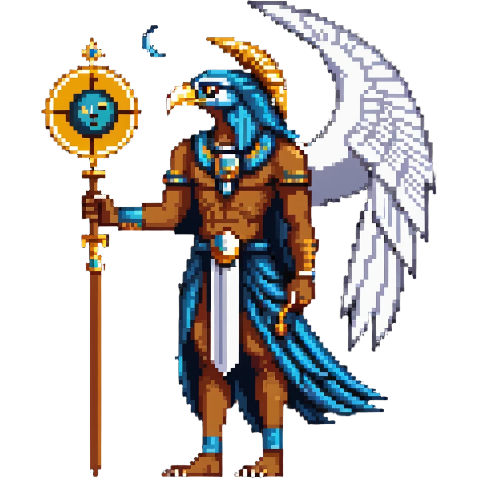 Egyptian moon god Khonsu with falcon head, lunar disk and crescent moon on head, divine staff emoji