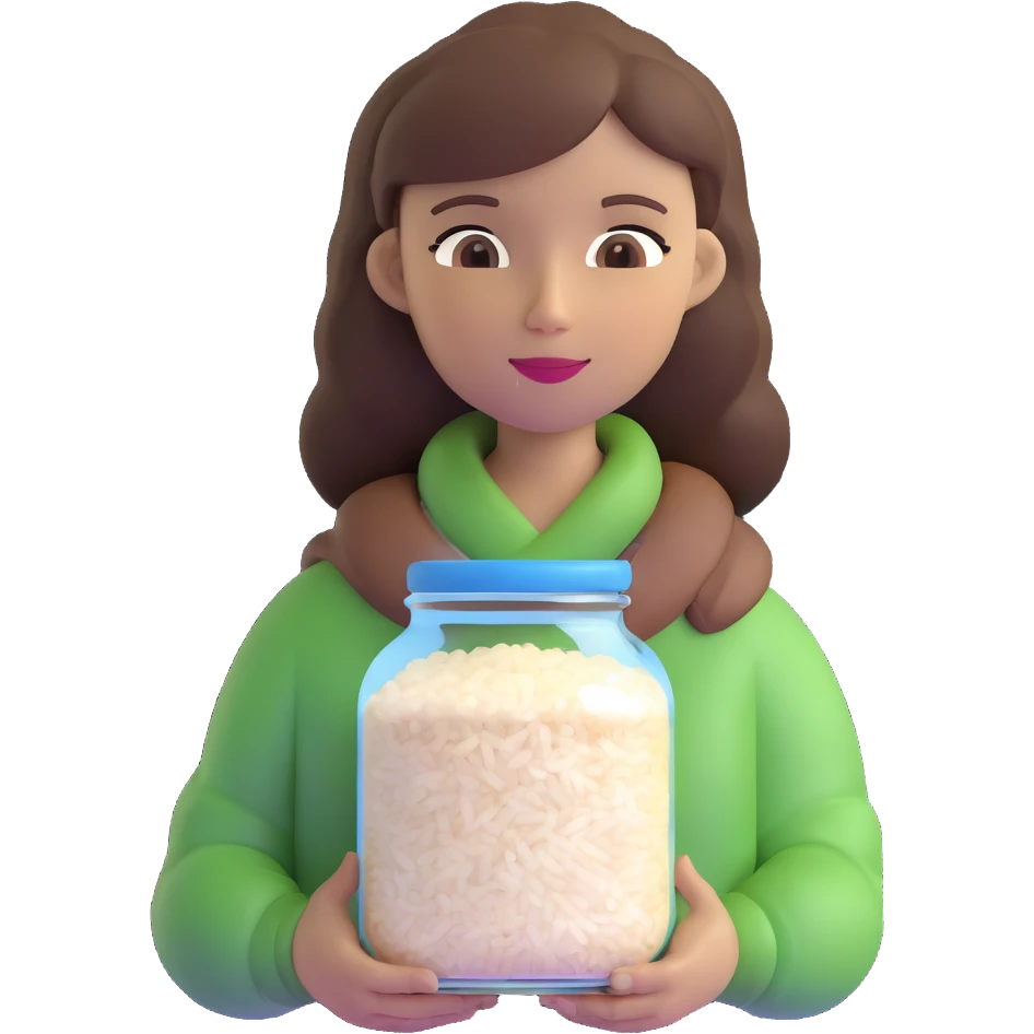 designer woman with brown hair holding a big glass jar of rice emoji