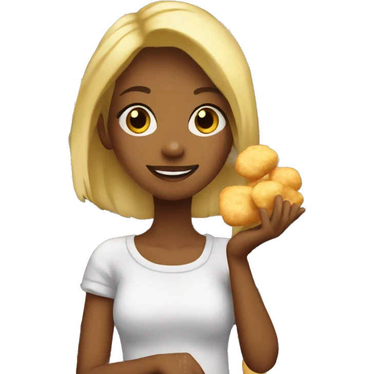 A blond girl eats potatoes and chicken nuggets emoji