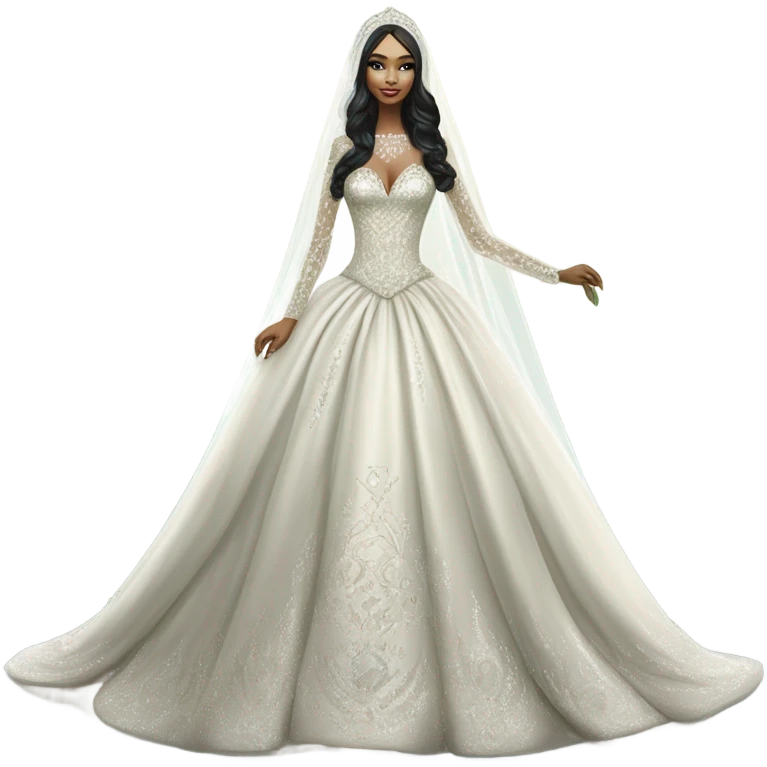 Hyper Realistic ornate ballgown long sleeve Wedding dress with diamanté on Russian bride with pale skin and green eyes and long black hair with veil hyper realistic  emoji