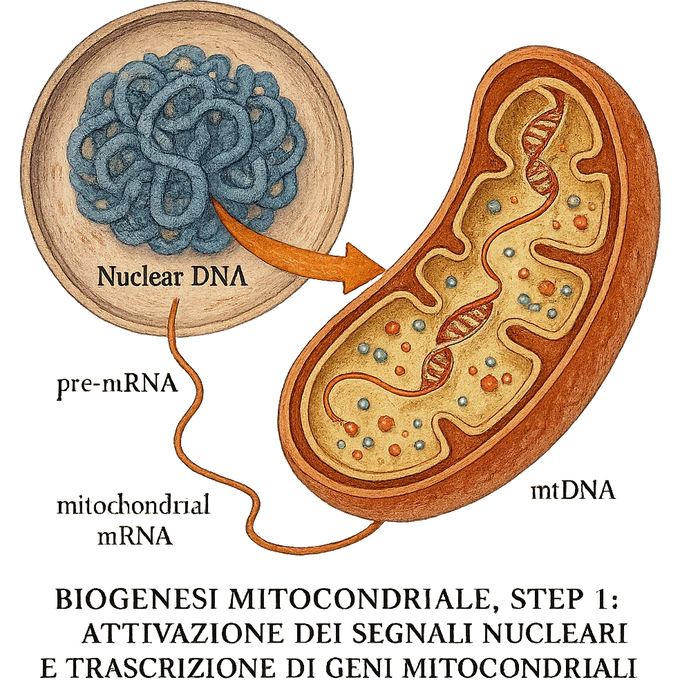 biogenesi mitocondriale, step 1: attivazione dei segnali nucleari e trascrizione di geni mitocondriali, hyperrealistic detailed colored drawing on white textured paper, isolated on white background, visible molecular details emoji