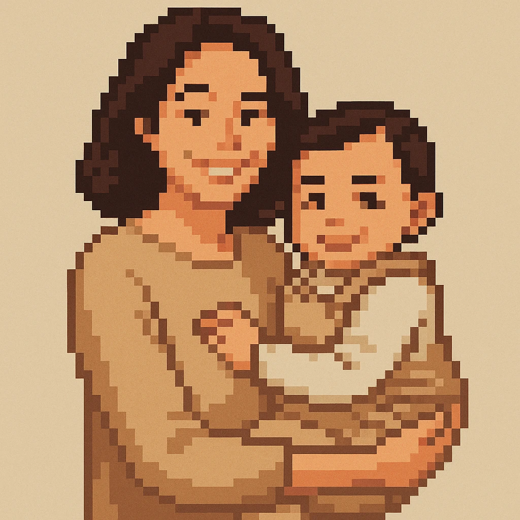 A happy mother with a child in beige clothes in different poses, pixel art style emoji