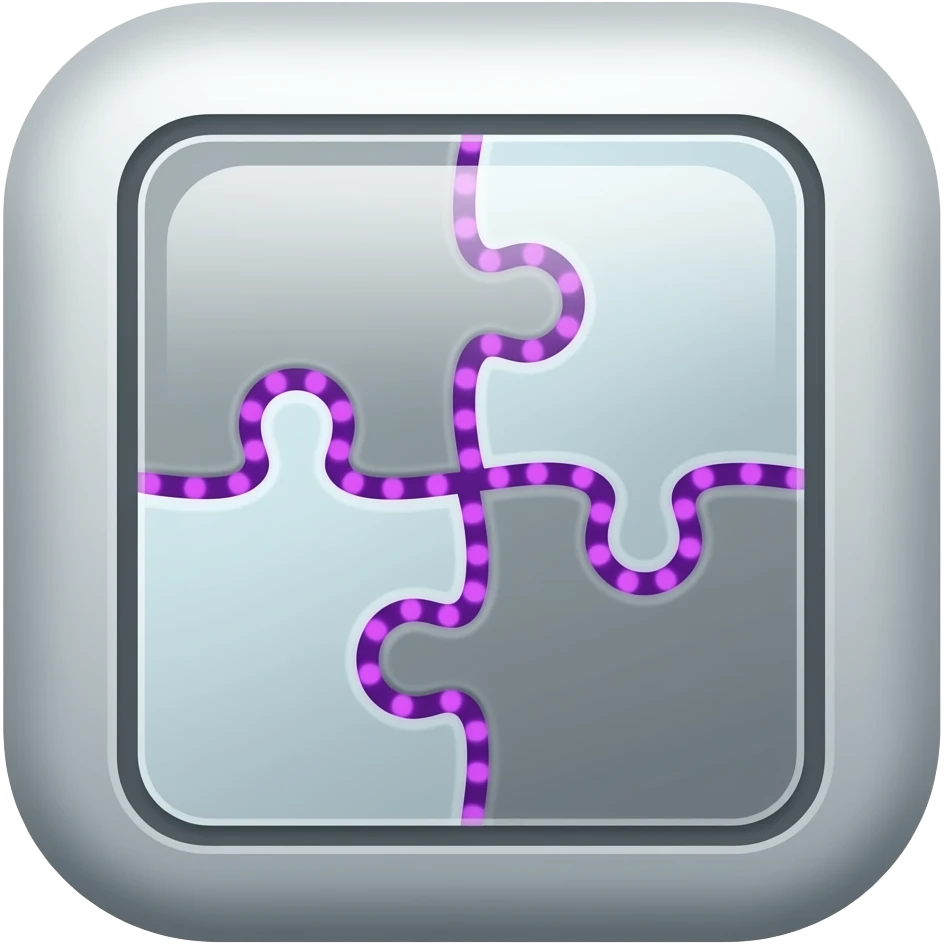 Minimalist iOS-style emoji of a 4-piece puzzle, clean and smooth design, one piece highlighted in glowing purple dotted , soft gradients, glossy finish, centered composition, neutral background emoji