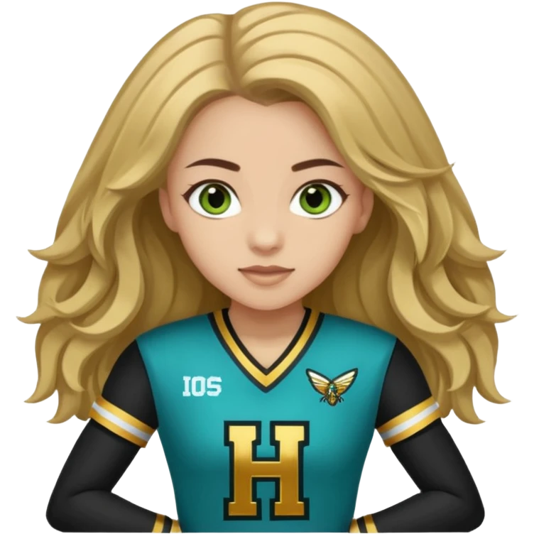 Im white  I have greenish blue hazel eyes I have light brown long hair and my cheer uniform is black and gold and says hornets emoji